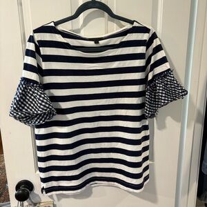 J. Crew Navy and White Striped Gingham Ruffle Sleeve Top